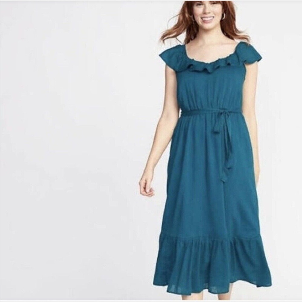 Old Navy Teal Ruffle-Trim Midi Short Sleeve Dress Cami size medium